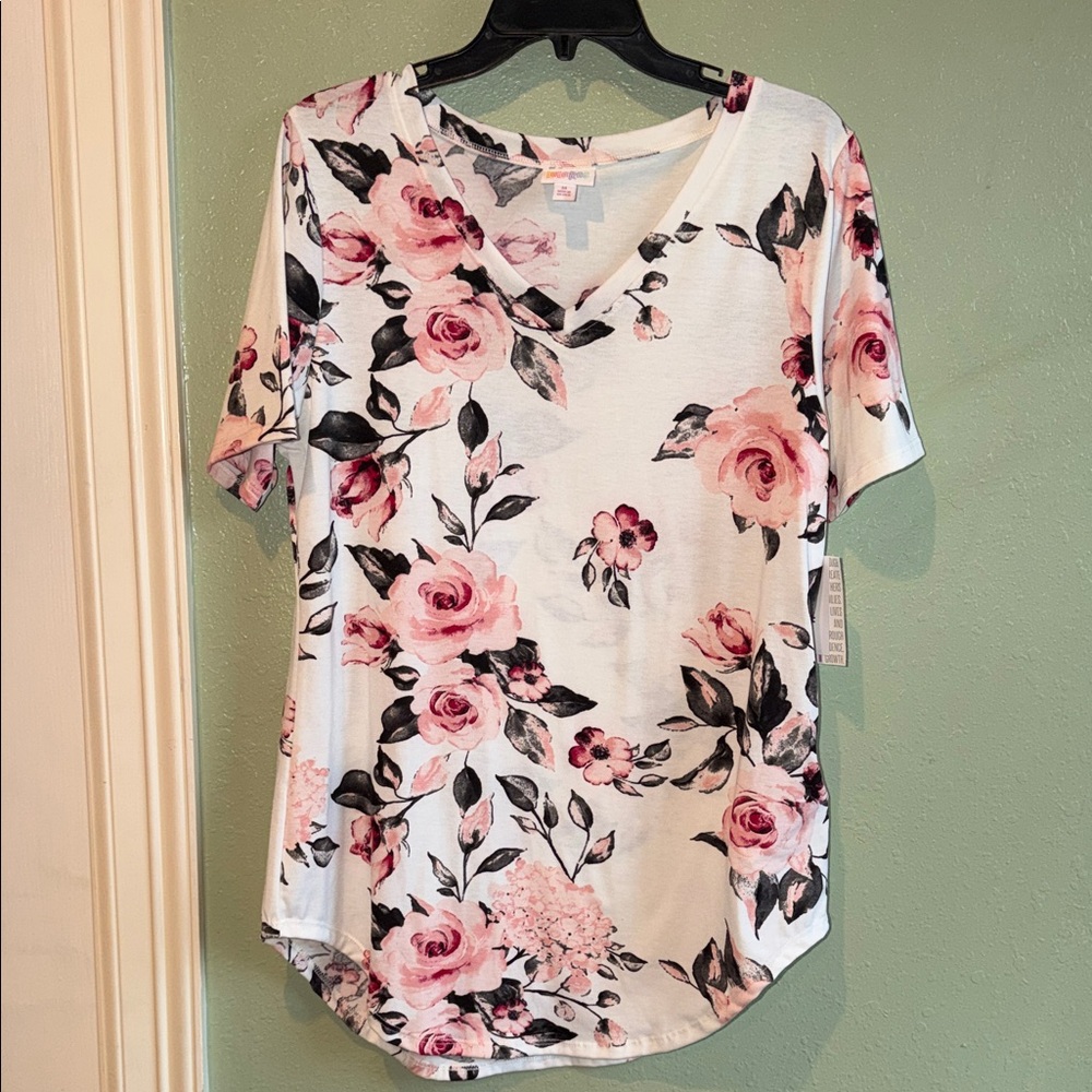 LuLaRoe Pink and Black Floral V-Neck Top